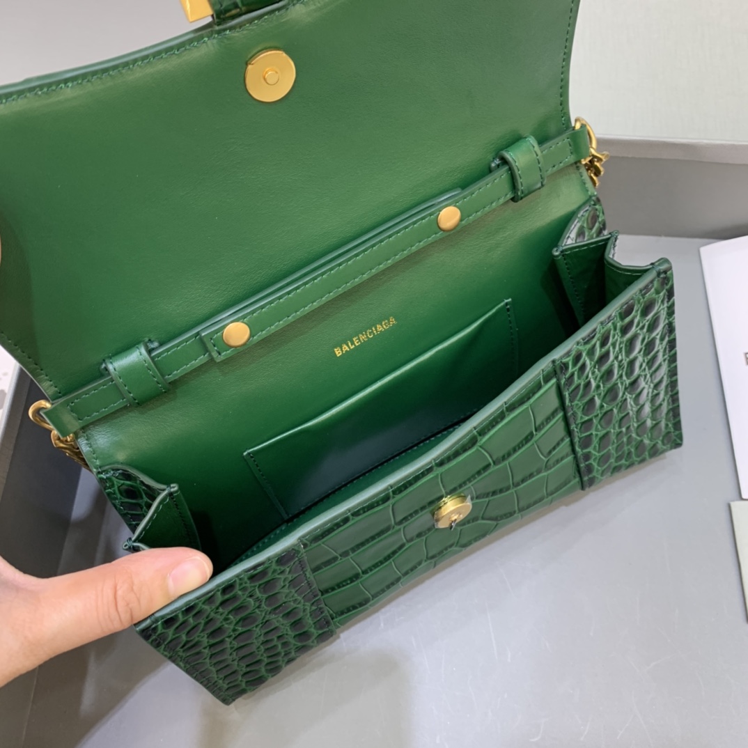 Balenciaga Big Hourglass Wallet With Chain Crocodile Embossed Shoulder Bag Dark Green